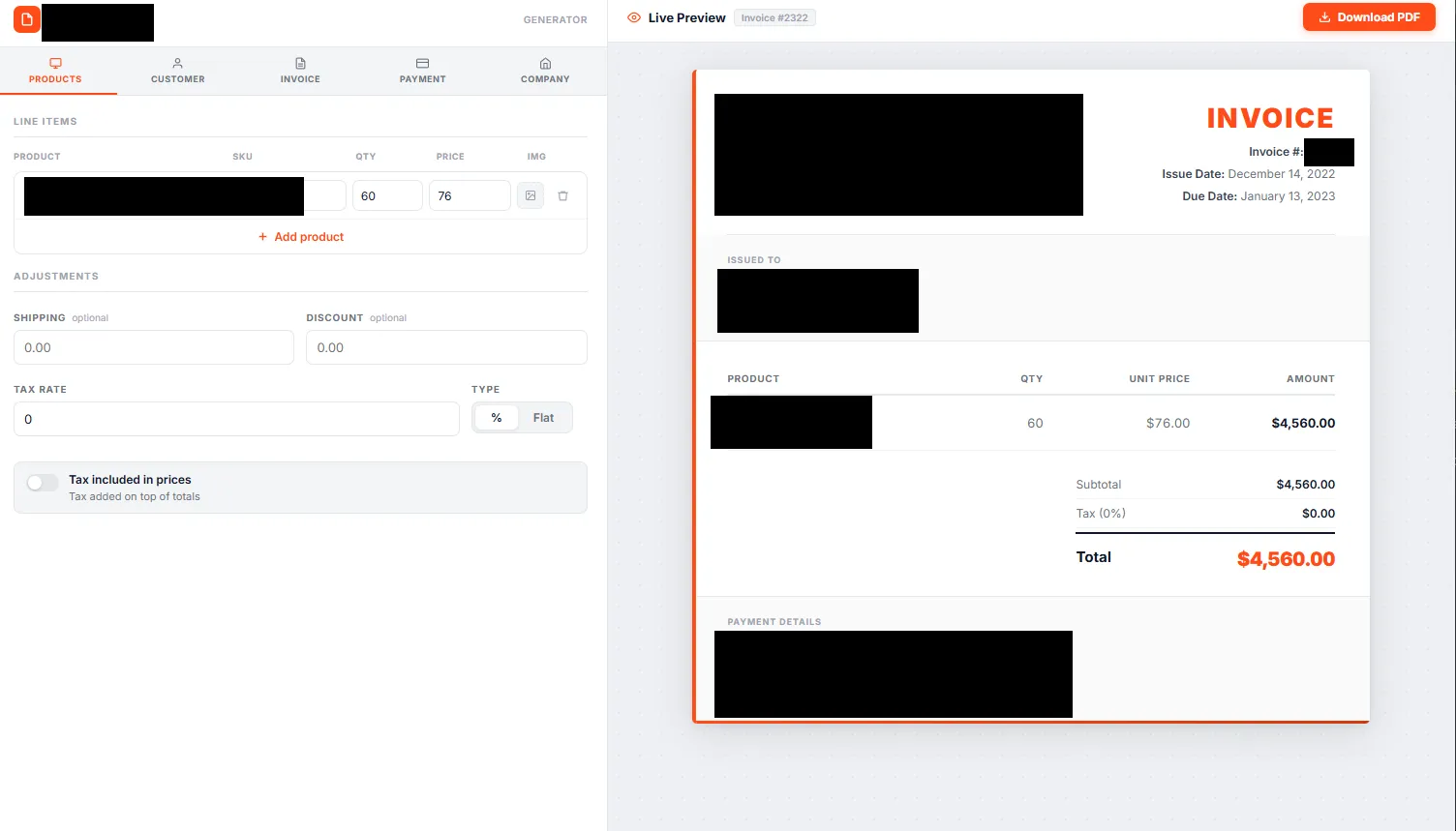 The invoice generator with the Products tab open on the left showing a line item, shipping, discount, and tax fields, and a live invoice preview on the right with subtotal, tax, and total, plus a Download PDF button